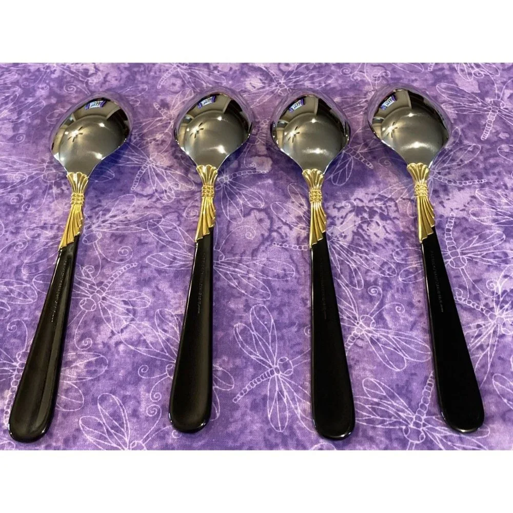 Yamazaki Lindi Oval Soup Spoons Stainless‎ Black Handle Gold Accent Set Of 4 VTG
